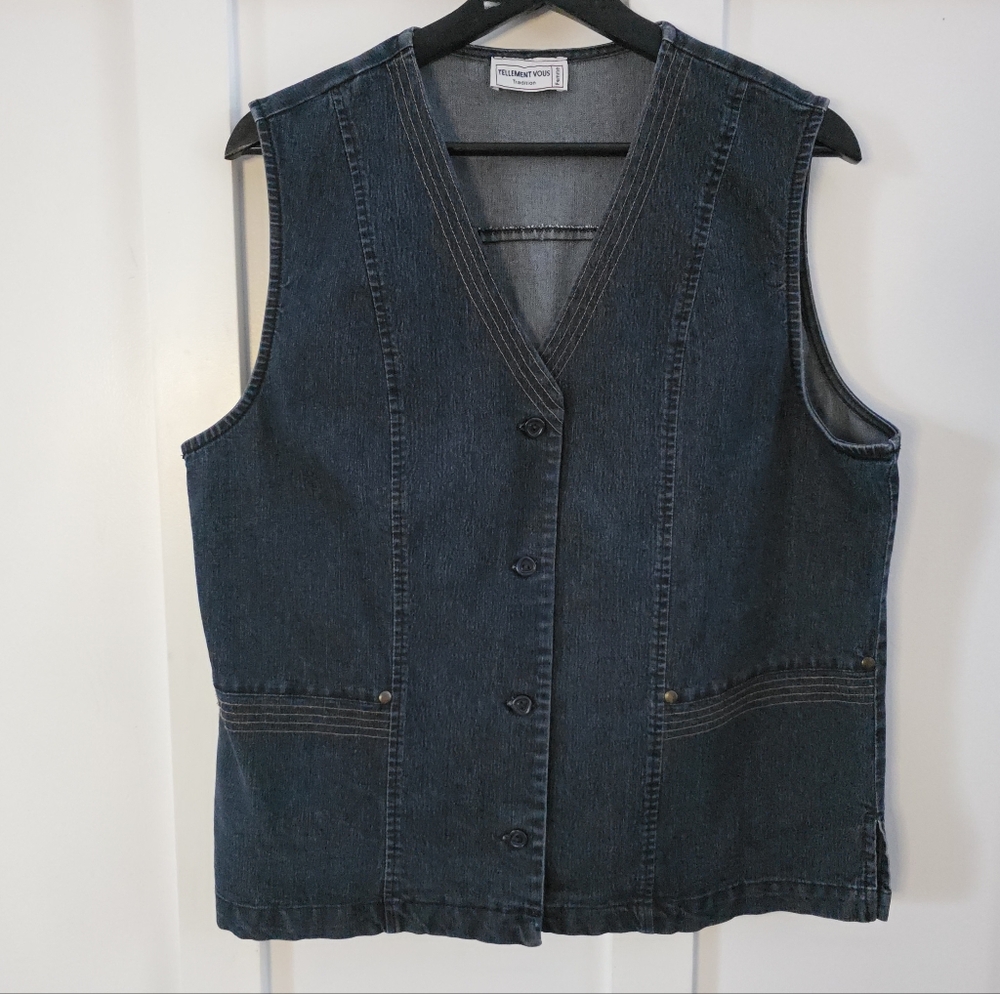Tellement Vous Dark Wash Denim Vest – Chic Vintage Aesthetic,size L - Picture 2 of 16